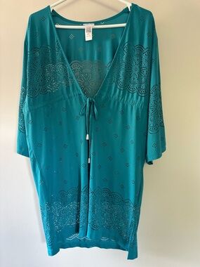 Dotti Teal Laser-Cut V-Neck Cover-Up